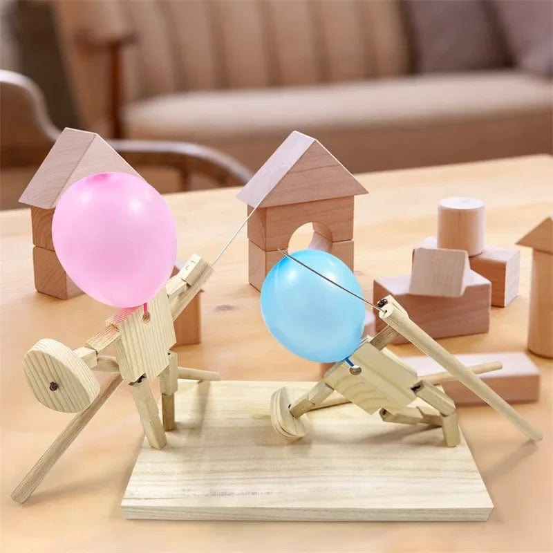 Balloon Bamboo Man Battle Wooden Fighter with Inflatable Head Fast-Paced Balloon Fight Wooden Bots Battle Game for 2 Players