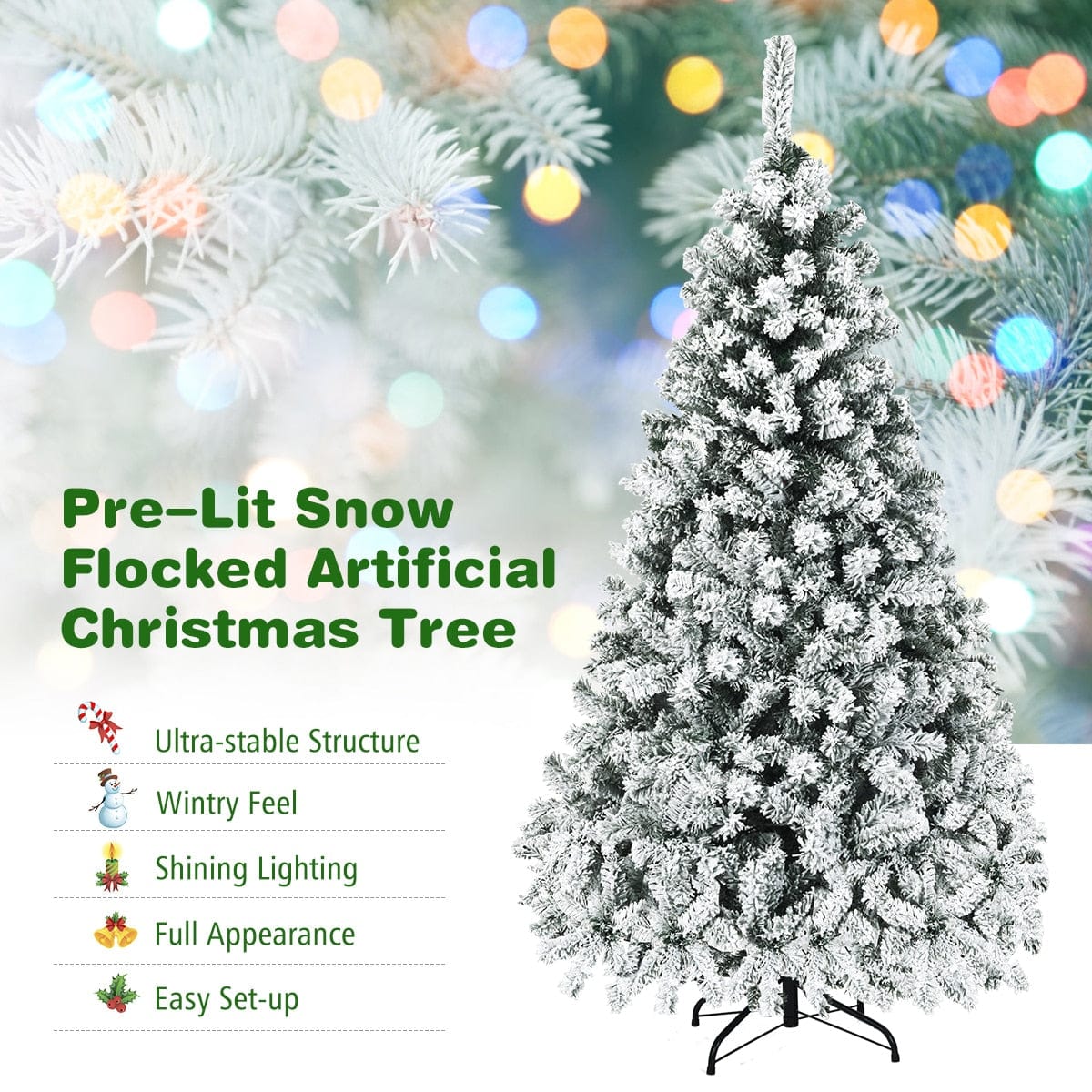 6ft Pre-Lit Premium Flocked Christmas Tree w/ 250 Lights